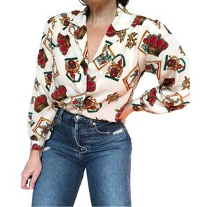 Vintage 80s Medieval Royal Regal Core Crown Monarchy Latin Novelty Blouse L/XL